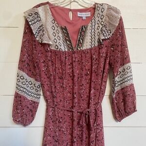 Piper & Scoot Women's Pink Boho Floral Prairie Midi Dress Small Tie belt S - EUC
